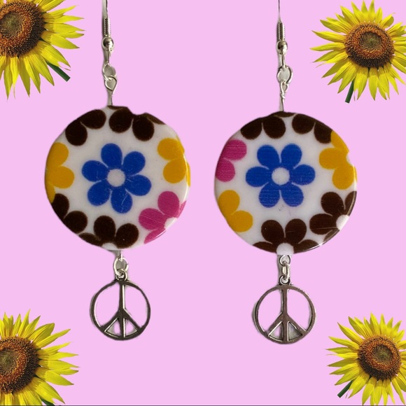 Hand Crafted Jewelry - Hand Crafted Earrings Flower Peace Hippie Boho Dangle Silver Pink Blue Pierced